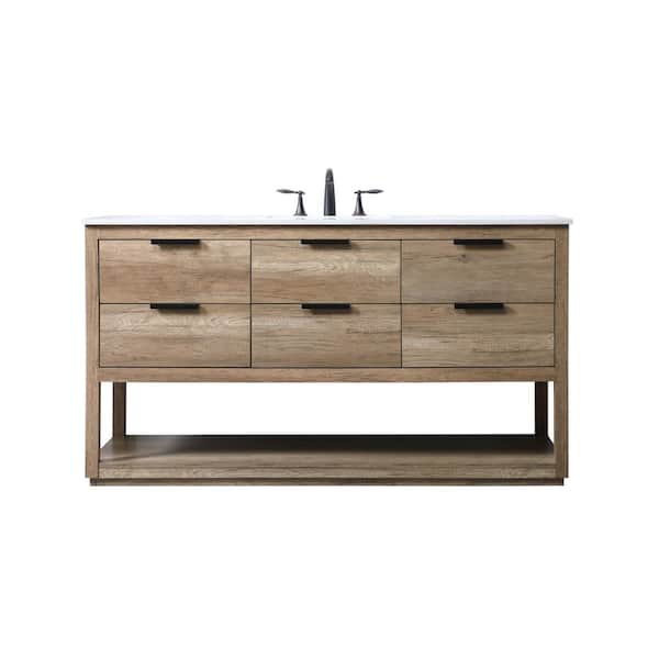 60 in. W x 22 in. D x 34 in. H Bath Vanity in Natural Oak with White Engineered Marble Top
