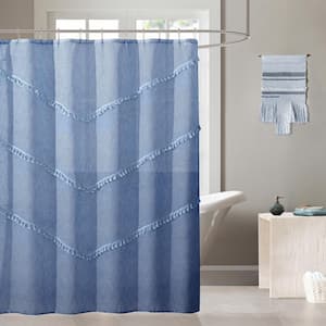 Natural Tassels 3D Linen Look Textured Tassels Designed Fabric Shower Curtain 70"W x 72"L in Denim Blue