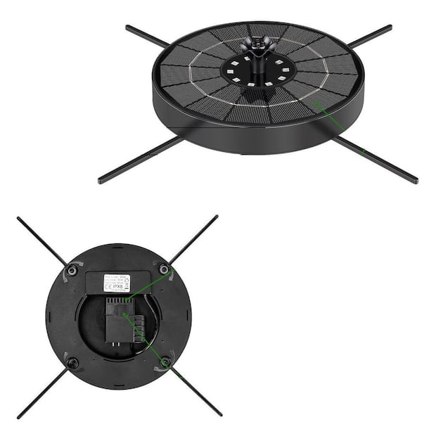 6.9 in. Dia Black Glass Solar Bird Bath Fountain with LED Lights 6 Nozzles Outdoor Solar Water Pump