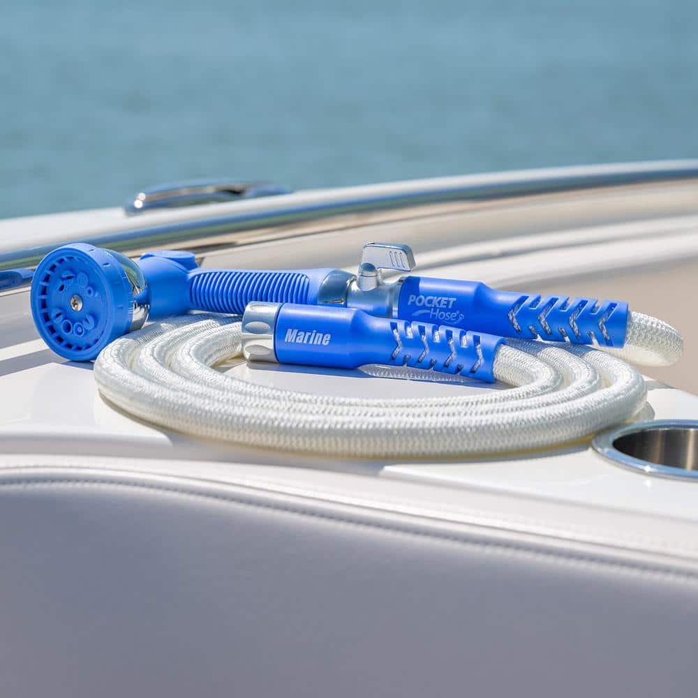White and Blue Expandable Marine Hose with Spray Nozzle, 25 ft