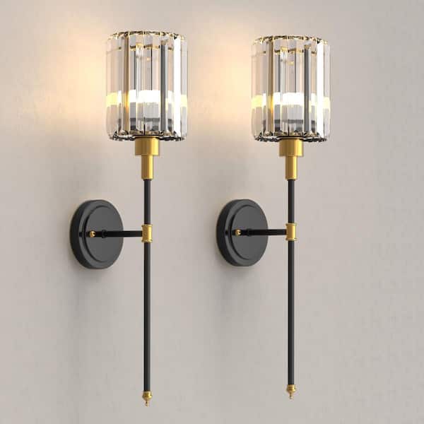 5 in. 1-Light 2-Pack Black Gold Crystal Wall Sconces, Modern Wall Lights for Bedroom, Mirror, or Bathroom Vanity