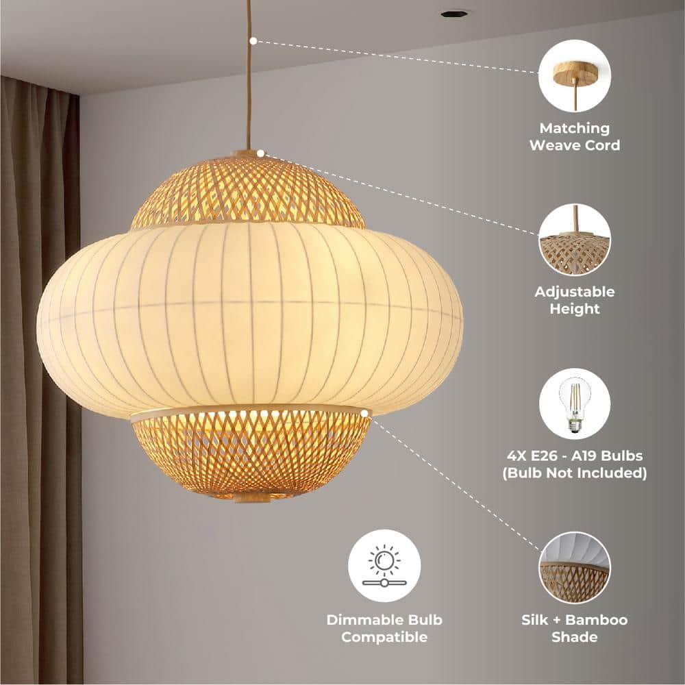 Large Bohemian Bamboo and Silk Pendant Light with Aluminum Body