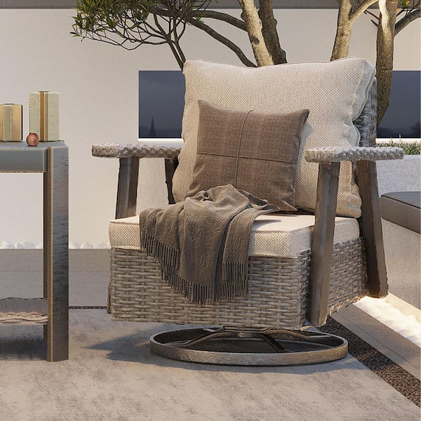 JOYSIDE Wicker Patio Outdoor Rocking Chair Swivel Lounge Chair with Beige Cushion