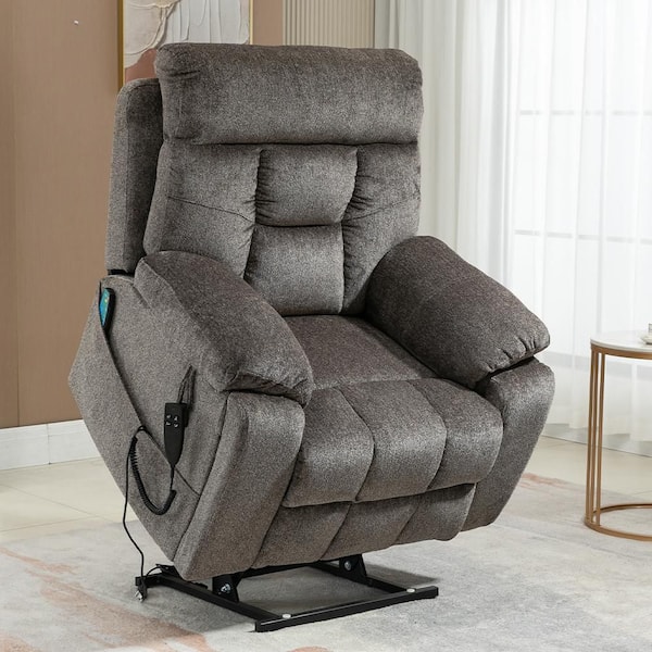 Oversized Flagship Dual Motor 180° Lying Flat Gray Brown Chenille Power Lift Recliner Chair with Hidden Cup Holders