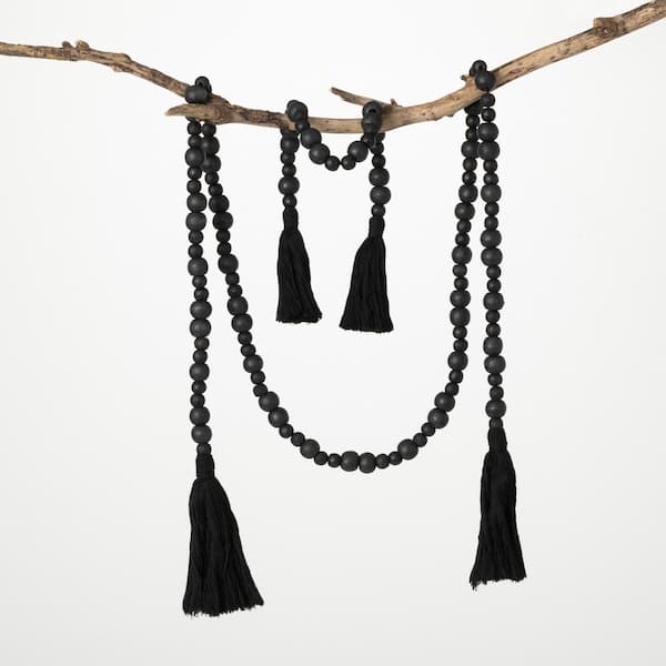 SULLIVANS 72 in. and 24 in. Tassel and Wood Bead Garland - Set of 2; Black