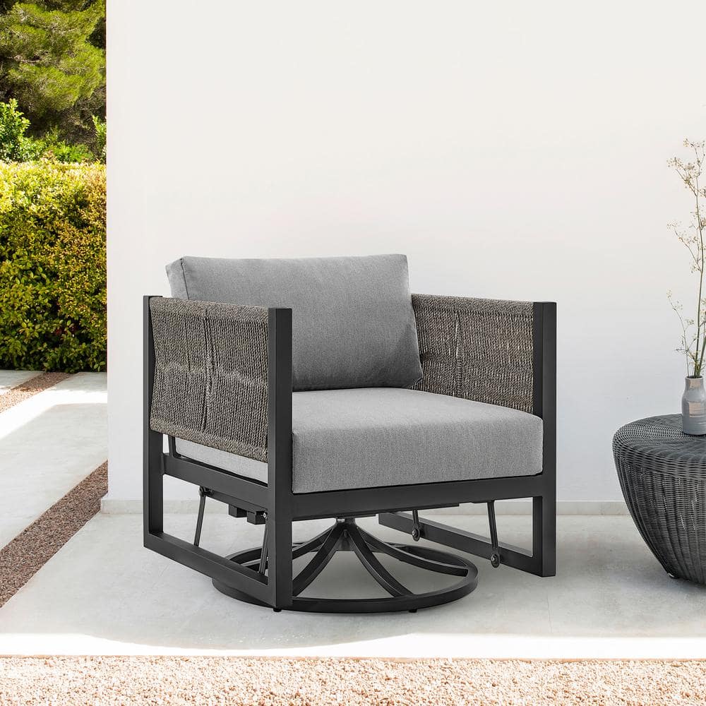 Cuffay Swivel Black Metal Outdoor Lounge Chair with Dark Grey Cushions