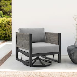 Cuffay Swivel Black Metal Outdoor Lounge Chair with Dark Grey Cushions