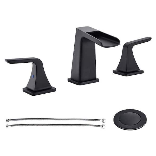 Miscool Laima Waterfall 8 in. Widespread 2-Handle Low Arc Bathroom Sink Faucet with Pop-Up Drain Assembly in Matte Black
