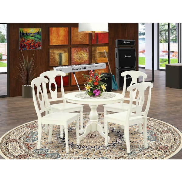 East West Furniture 5-Piece Linen White Finish Solid Wood Top Dining table with 4 Chairs with Lattice Back