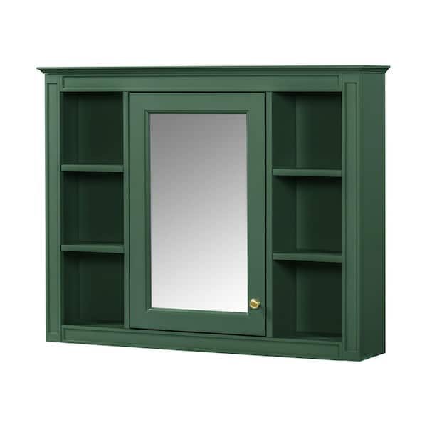 Tatahance 35 in. W x 27.5 in. H Rectangular Green Wood Medicine Cabinet with Mirror and 6 Open Shelves