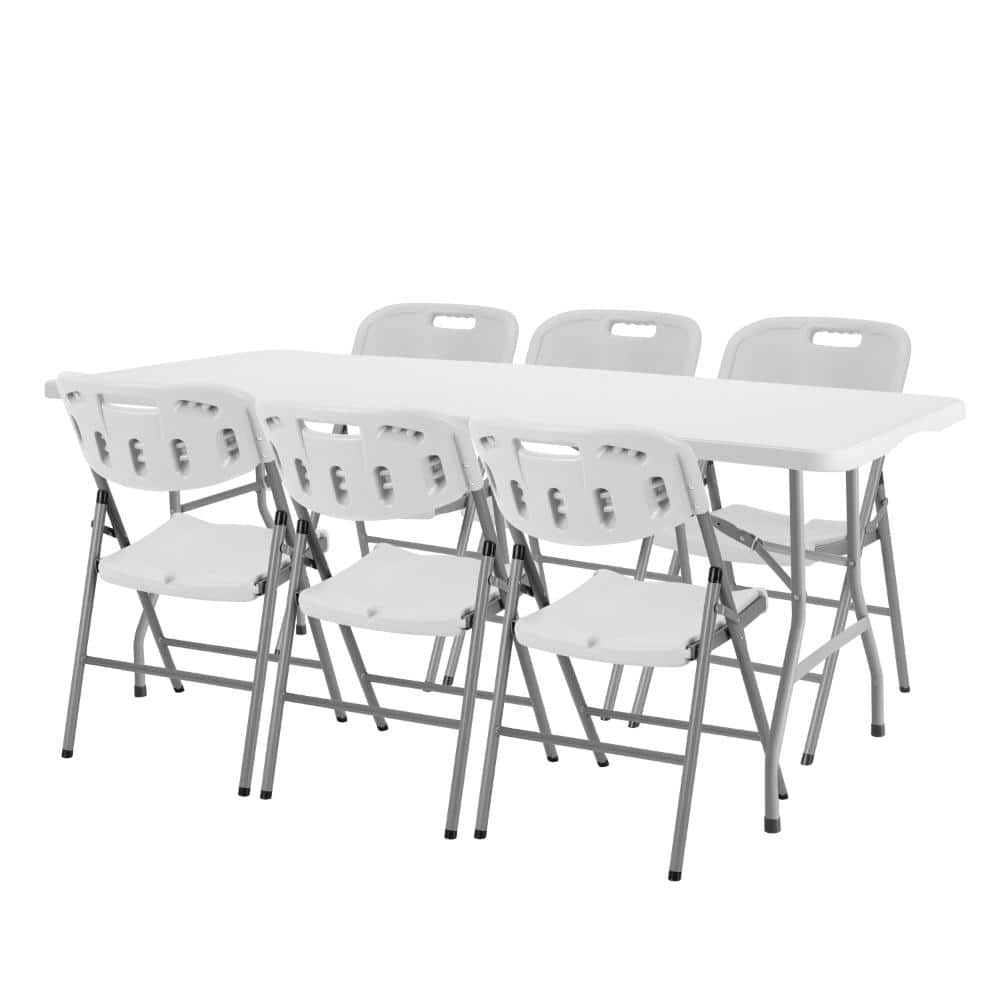 Trestle 6 ft Folding Table and 6 Chairs Set, Blow Mold Plastic, Steel Frame, 72" x 29", White