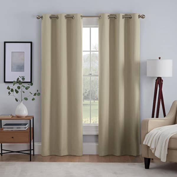 Eclipse Kylie Thermaback Tan Solid Polyester 37 in. W x 84 in. L 100% Blackout Pair Grommet Top Curtain Panel