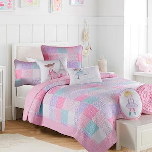 Pastel Spring Floral Polka Dot 2-Piece Pink Purple Printed Patchwork Cotton Twin Quilt Bedding Set
