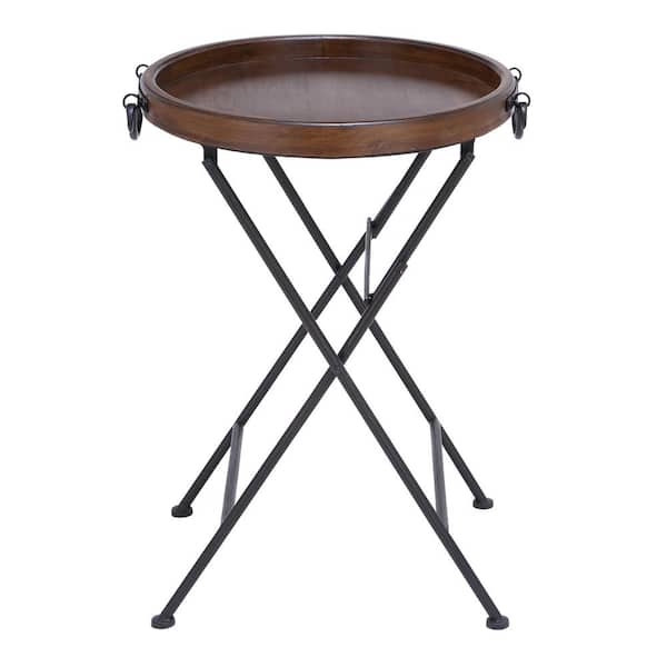 20 in. Black Large Round Wood End Accent Table with Brown Wood Top