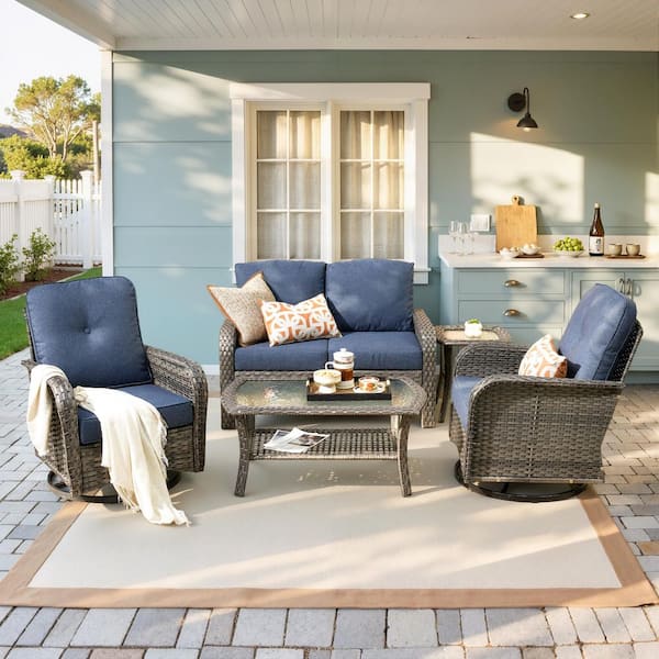 Ruby Grey 5-Piece Wicker Outdoor Furniture Patio Conversation Sofa Set with Swivel Chairs and Denim Blue Cushions