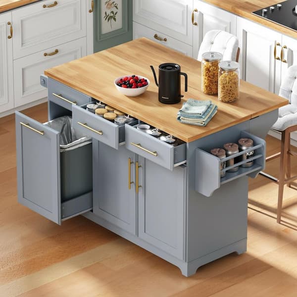 Farmhouse Gray Blue Wood 59.3 in. Drop Leaf Power Outlet Kitchen Island with Trash Can Storage and 2-Pull Out Organizers