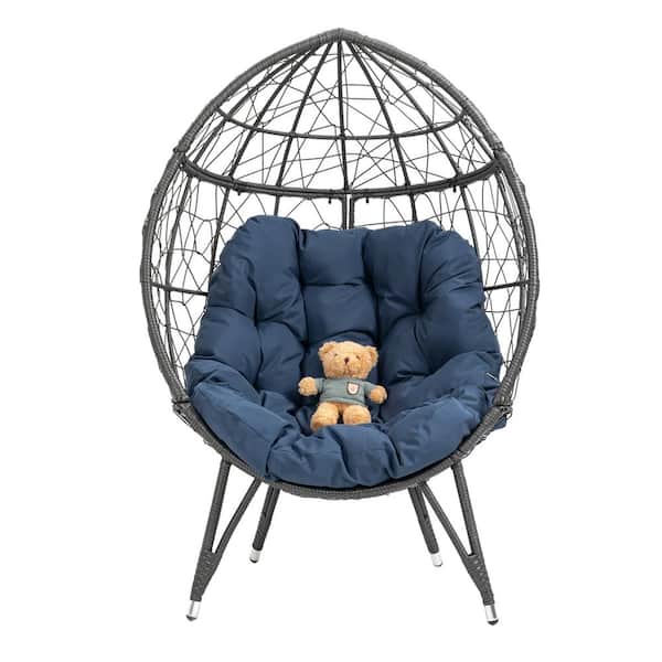 Flynama 1-Person Black Frame Metal Outdoor Patio Wicker Egg Chair Patio Swing with Cusion in Dark Blue