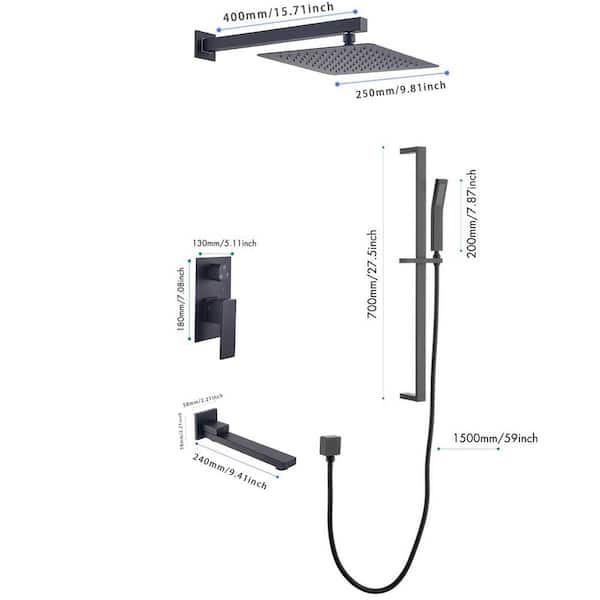 Wall-Mounted 380 x 700mm Shower Faucet System in Matte Black Rainfall 5 Functions