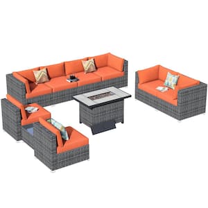 Messi Grey 10-Piece Wicker Outdoor Patio Fire Pit Conversation Sofa Sectional Set with Orange Red Cushions