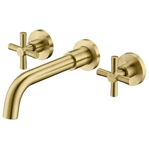 Modern Double Handle Wall Mounted Bathroom Faucet in Brushed Gold