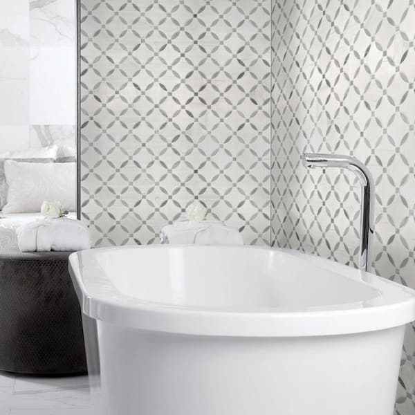 Bianco Dolomite Lola 10 in. x 10 in. x 0.39 in. Polished Marble Mesh-Mounted Mosaic Tile (7.3 sq. ft./Case)