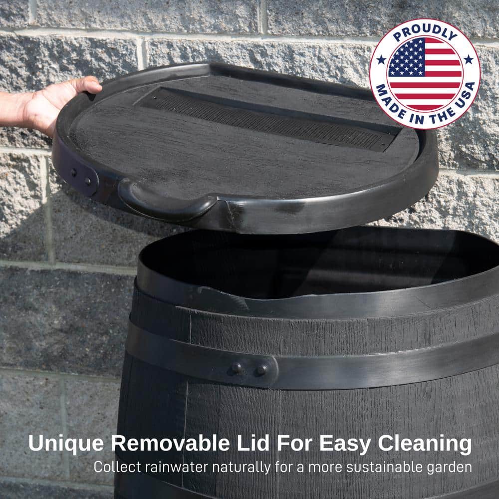 Black 55 Gallon Polyethylene Flat Back Rain Barrel with Lid