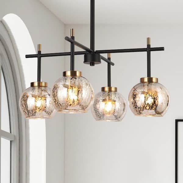 Zevni 4-Light Modern Black Chandelier with Mercury Glass, Island Pendant Lights for Kitchen Island, Brass Farmhouse Chandelier