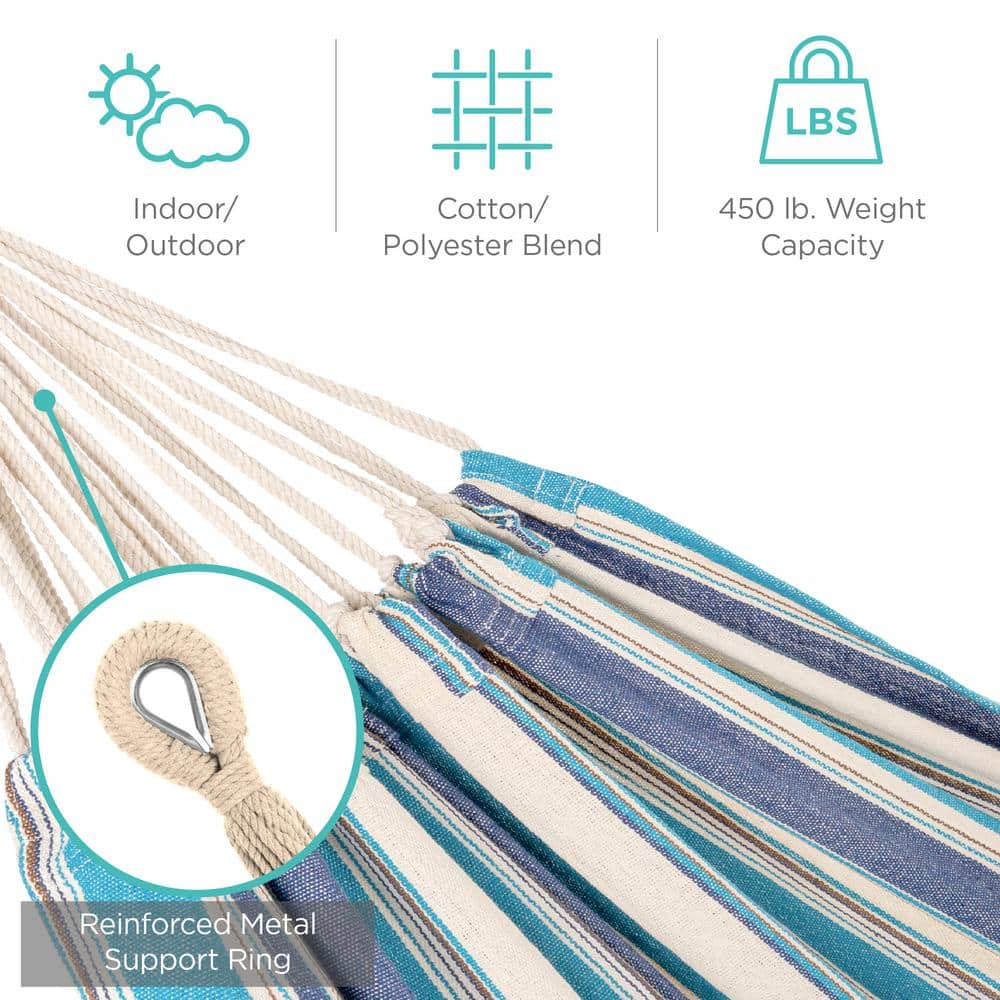 Ocean Blue Striped Cotton Double Hammock with Steel Stand