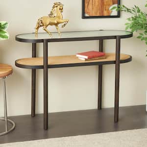 32 in. Brown Oval Rattan Wood Console Table with Pressed Tempered Glass Top