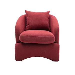 Modern Red Armchair Upholstered Teddy Fabric Accent with Wood Base and Pillow