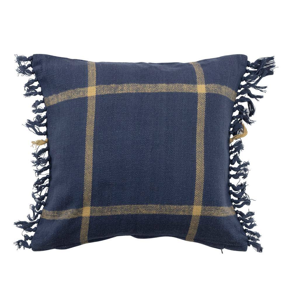 Blue Cotton Flannel Plaid Fringe Throw Pillow, 18" Square
