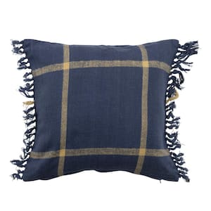18 in. Square Blue Citron Plaid Cotton Flannel Pillow with Fringe