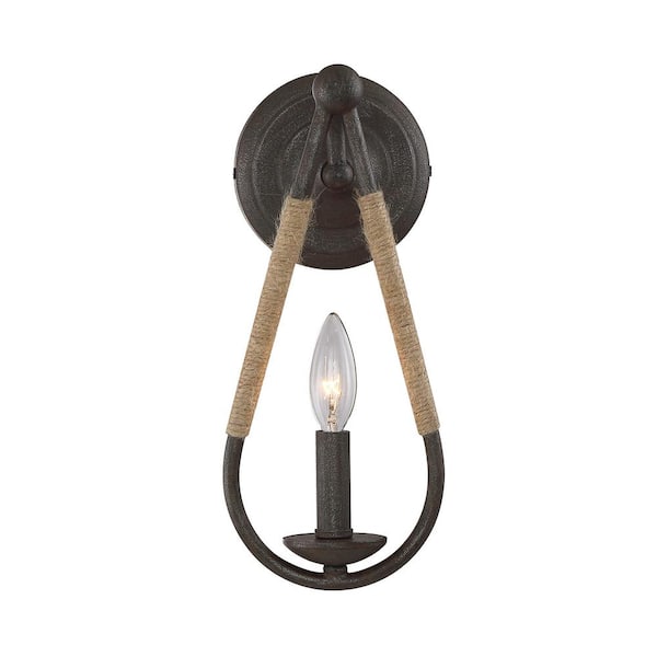 TUXEDO PARK LIGHTING 6 in. W x 13 in. H 1-Light Rusty Nail Wall Sconce with Rope Accent and Exposed Bulb