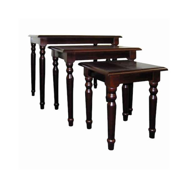 Benjara 19 in. H Cherry Brown 3-Piece Wooden Nesting Tables with Turned Tapered Legs