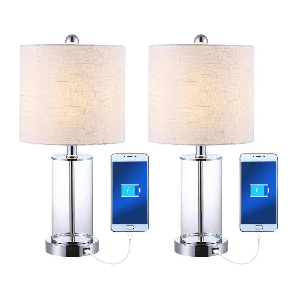 Abner 21" Chrome and Clear Glass USB Table Lamp Set
