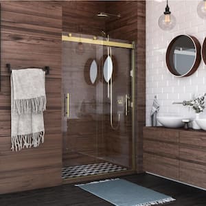 Luna Lite 48 in. W x 76 in. H Sliding Bypassing Frameless Shower Door in Brushed Gold Finish with Clear Glass