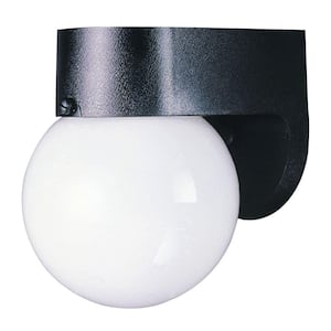 1-Light Black Polycarbonate Outdoor Wall Lantern Sconce with White Glass Globe