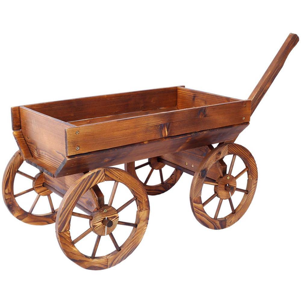 Brown Wood Wagon Planter Box, Garden Planter with Wheels, Decorative Plante
