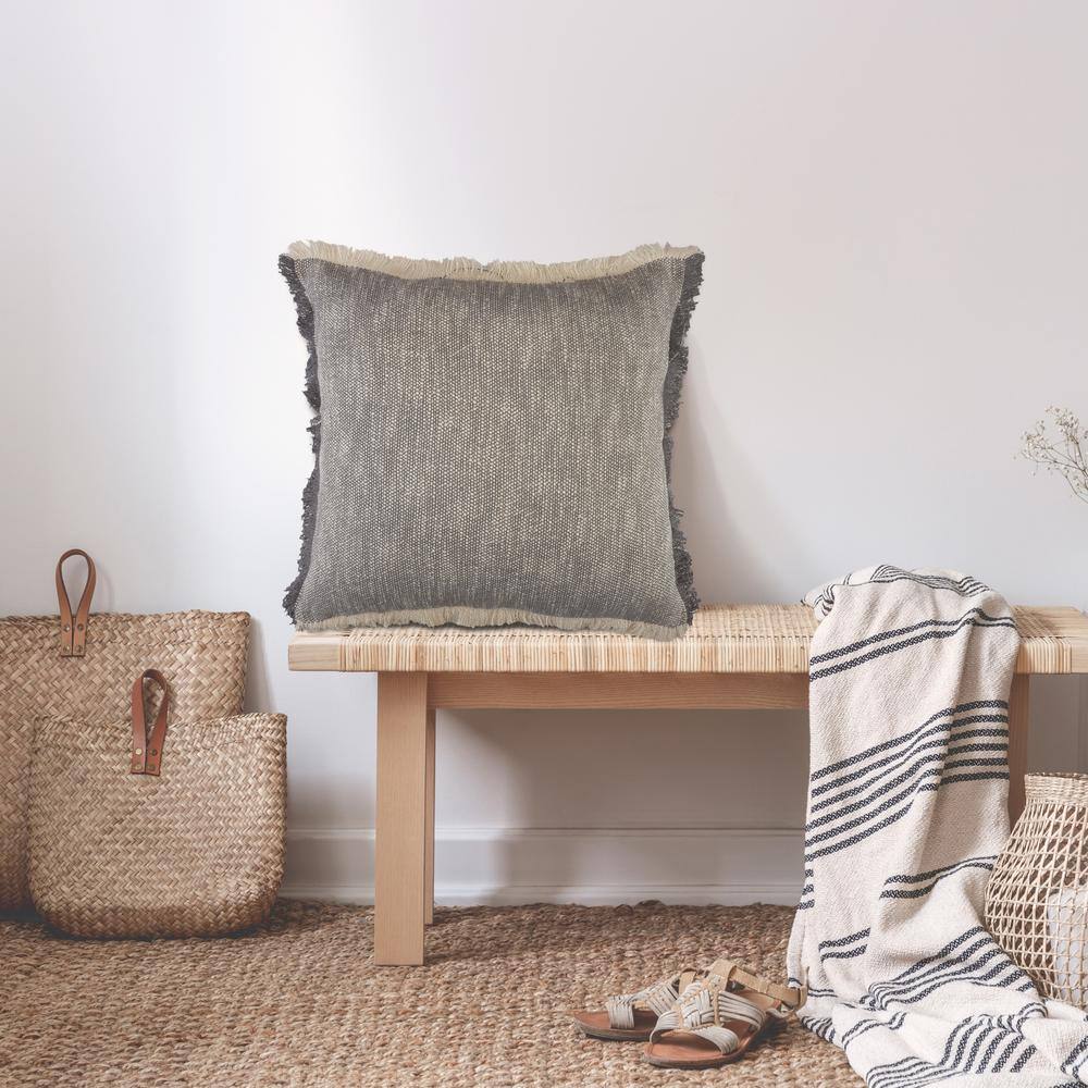 Gray and White Two-Tone Fringe Woven Throw Pillow, 20" x 20"