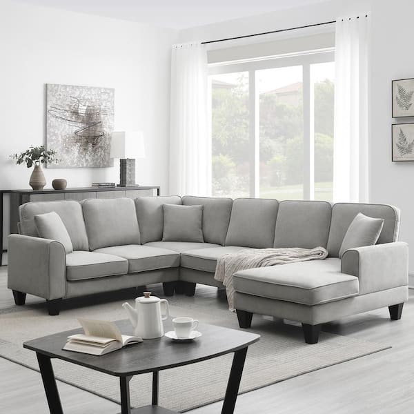 J&E Home 109.83 in. Square Arm 4-Piece Velvet L-Shaped Modular Sectional Sofa with Ottoman in Beige