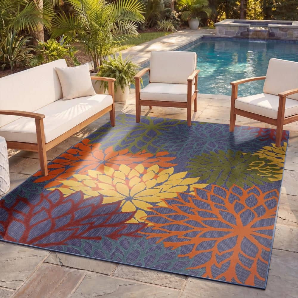 Nourison Aloha Navy Multicolor 5 ft. x 8 ft. Floral Contemporary