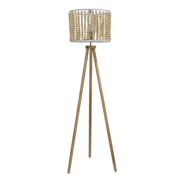 59.06 in. Brown 1-Light Tripod Floor Lamp for Living Room with Beige Beaded Shade, E26 Bulb Not Included