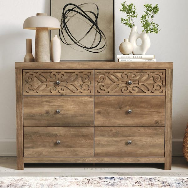 GALANO Lohelia 31.7 in. H x 45.4 in. W x 16.1 in. D Knotty Oak 6-Drawer Dresser