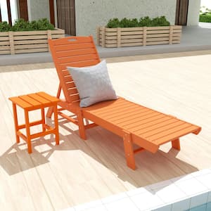 Laguna 2-Piece Orange Fade Resistant Poly HDPE Plastic Outdoor Patio Reclining Chaise Lounge Chair with Side Table Set
