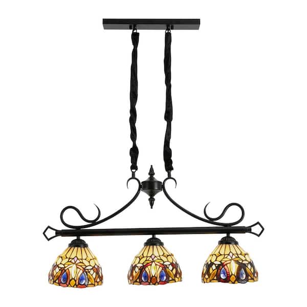 OUKANING 60-Watt 3-Light Black Antique Shaded Pendant Light with Colorful Glass Shade for Dining Areas, No Bulbs Included