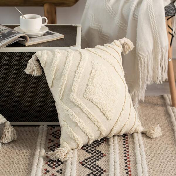 Deerlux 16 Handwoven Cotton Throw Pillow Cover with Large White Tufted Diamond Pattern and Tassel Corners, White