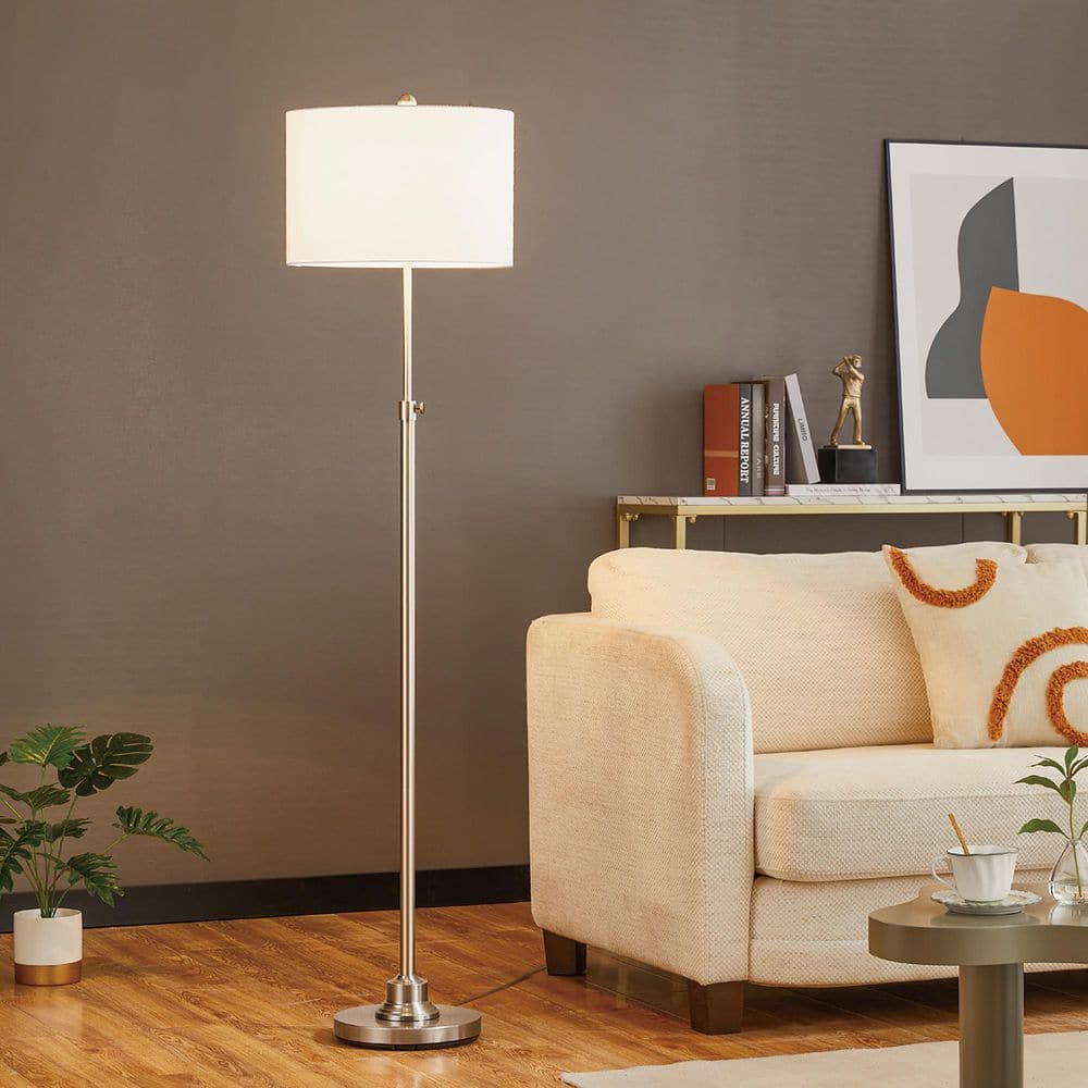 63.5" Brushed Nickel Adjustable Floor Lamp with White Linen Shade
