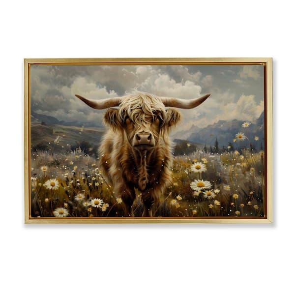 Stupell Industries Cattle in Daisy Field by LSR Design Studio Gold Floater Frame Animal Graphic Art Print 17 in. x 25 in.