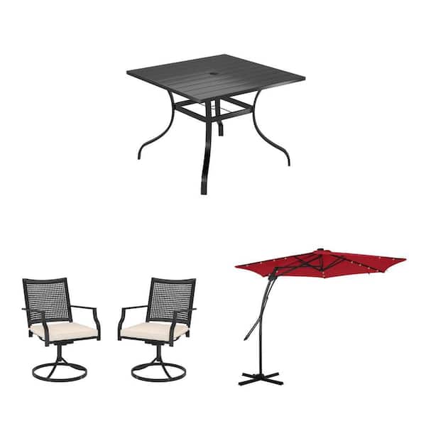 10 ft. Red LED Cantilever Umbrella, Dining Table, and Swivel Dining Chairs Set (5 Piece)