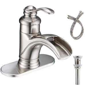 Single-Handle 1 or 3-Hole Waterfall Bathroom Faucet with Pop-up Drain Assembly Bathroom Sink Faucet in Brushed Nickel